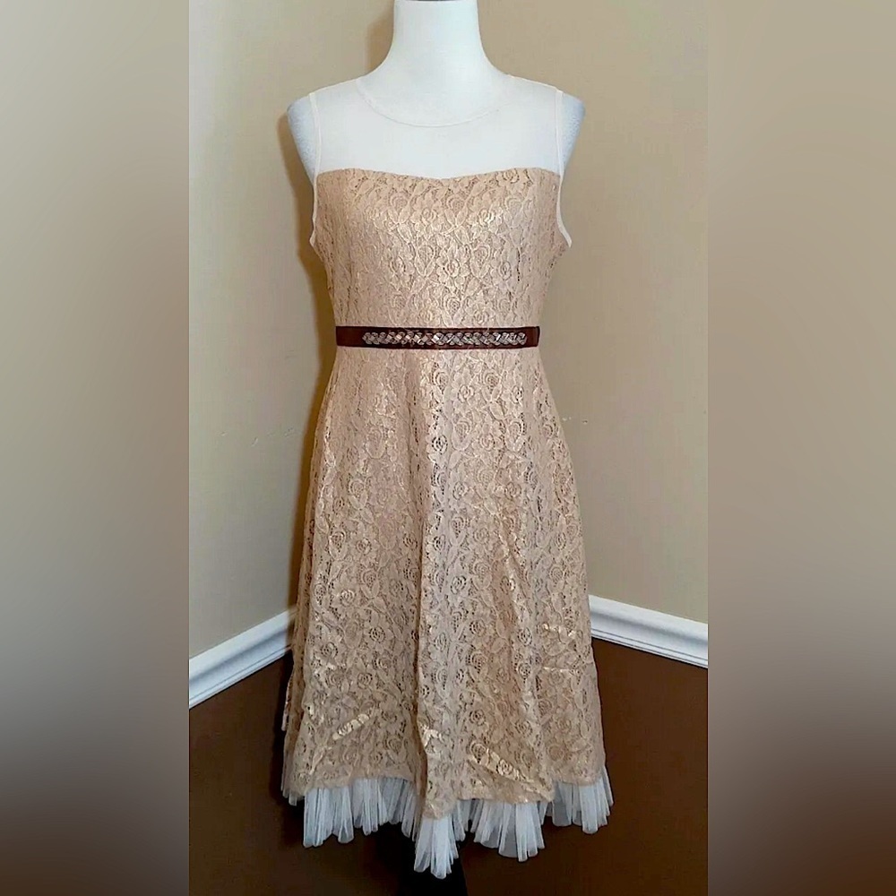Gold Lace Fairy Dress A-Line Sheer Illusion Neckline Beaded Waist ModCloth Ryu